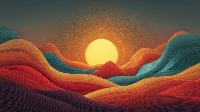 Abstract stylized representation of a vibrant sunset over a landscape of rolling hills or waves