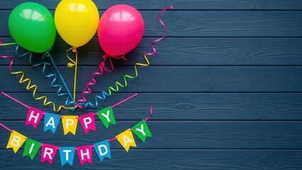 Colorful balloons and happy birthday banner on blue wooden background