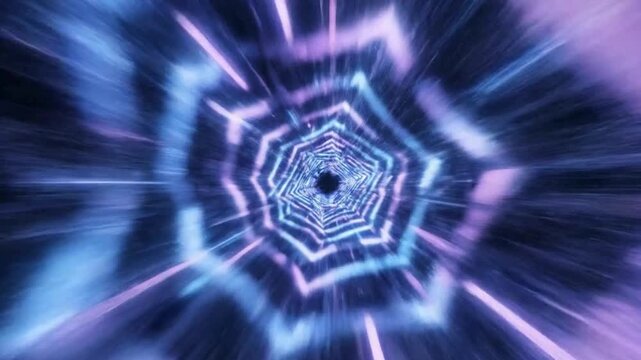 Abstract glowing polygonal tunnel with blue and purple light creating a futuristic wormhole effect.