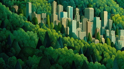 A vibrant city nestled within a lush forest, showcasing the harmonious blend of nature and urban development. The scene features skyscrapers and buildings surrounded by dense green trees.