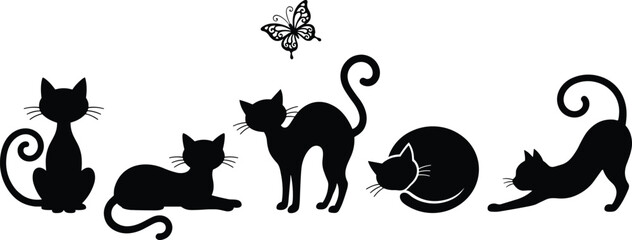 Cute cat silhouettes set with playful poses, black kittens illustration, pet lifestyle collection, adorable animal icons, minimal vector design