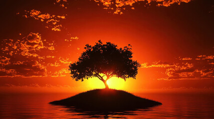 Solitary Tree Silhouette Against Vibrant Sunset Over Calm Water