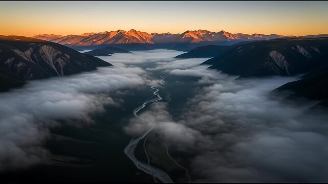Aerial view of a mountain range with a river winding through clouds
