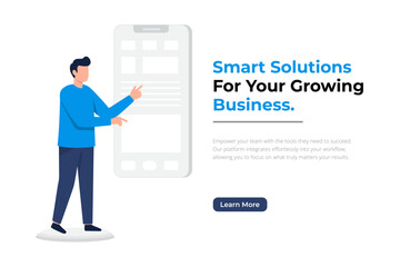 Businessman pointing at mobile phone screen with smart business solutions flat illustration