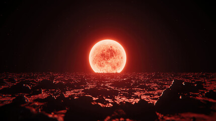 Red Moon Rising Above Dark Alien Landscape in Outer Space