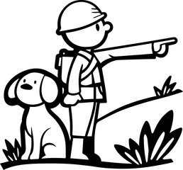SVG vector illustration of soldiers and dogs.Cartoon Soldier with Dog in Black and White Design