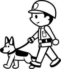 SVG vector illustration of soldiers and dogs.Police Officer Walking Dog in Black and White Style