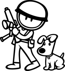 SVG vector illustration of soldiers and dogs.Soldier with Dog Pointing in Nature Scene