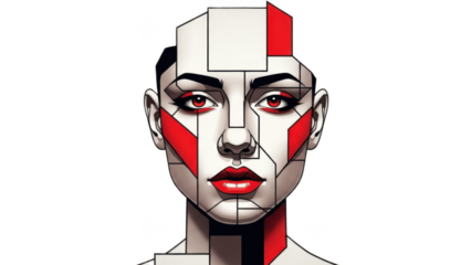 Futuristic Beauty Portrait of Woman with Geometric Block Segments on Face and Neck in Red, White and Gray, Cyber Aesthetic Illustration Symbolizing Technology, Identity and Avant-Garde Conceptual Make