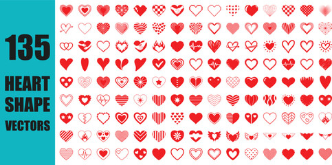 Red Heart Icons Vector Set with Love and Romance Symbols