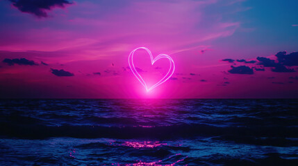 Romantic Sunset with Heart Shape Light Above Calm Ocean Waters