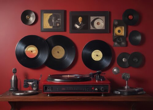 Dark red wall with old vinyl player and records , industrial interior, retro gaming setup