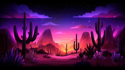 Vibrant Desert Landscape at Dusk with Cacti and Starry Sky