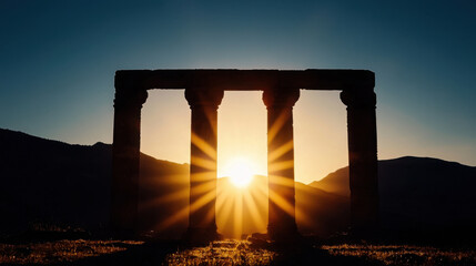Majestic Sunrise Behind Ancient Columns with Radiant Sun Rays