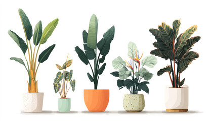Fototapeta premium Collection of five vibrant strelitzia plants with broad, elongated green leaves in various textured pots for decorative indoor or outdoor gardening