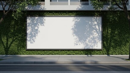Large blank billboard on a green hedge wall beside a road