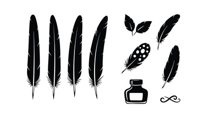 A collection of black feather silhouettes with an ink bottle and quill