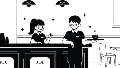 A cartoon illustration of a waiter and waitress in a modern cafe