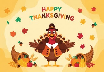 cartoon turkey in pilgrim outfit with pumpkins and leaves