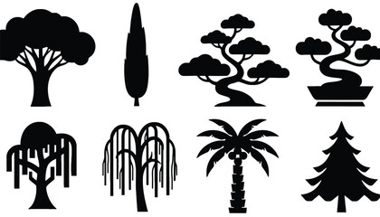 A collection of various tree silhouettes on a white background
