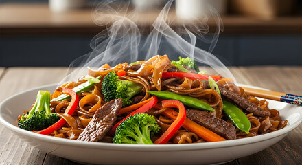 Steaming bowl of stir fried noodles with vegetables and meat