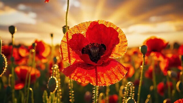 This vibrant close-up shot beautifully captures a delicate red poppy bathed in the warm, golden light of either dawn or dusk. Glistening dew drops adorn the petals, highlighting their intricate textur