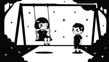A black and white illustration of a girl on a swing and a boy standing nearby in a park at night