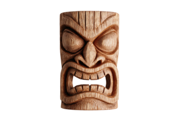 Carved, textured, wooden tiki face with angry expression