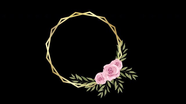 Elegant gold geometric frame animation with blooming pink roses and leaves on black background