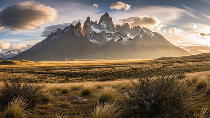 Breathtaking mountain landscape with snow-capped peaks at golden hour, serene natural scenery with vast open field and dramatic cloudy sky