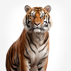 Fototapeta premium Majestic Bengal Tiger Portrait on White Background. Close-up of powerful wild animal, highlighting its striking orange and black stripes and intense gaze.
