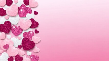 Sparkling Red Glitter Hearts Scattered on Soft Pink Background for Valentine's Day