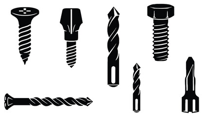 A collection of various screws and drill bits on a white background