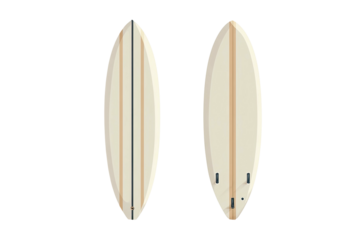 Pair of light surfboards with wooden stringers, facing up