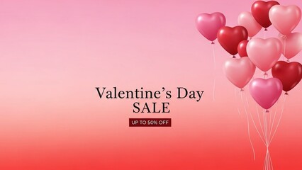 Valentine's Day Sale Heart Balloons Floating Pink Background Discount Promotion