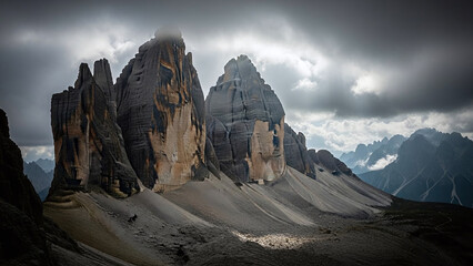 Dramatic mountain landscape with rugged peaks under stormy cloudy sky, creating ominous atmosphere with natural lighting and earthy tones