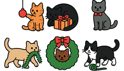 A group of cartoon cats playing with Christmas decorations and gifts