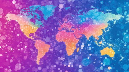 Vibrant World Map with Colorful Background and Blurred Dots Effect
