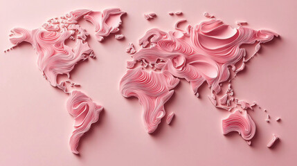 Artistic Pink Map of the World with Fluid Wave Patterns and Texture