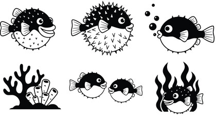 A black and white illustration of pufferfish and coral in the ocean