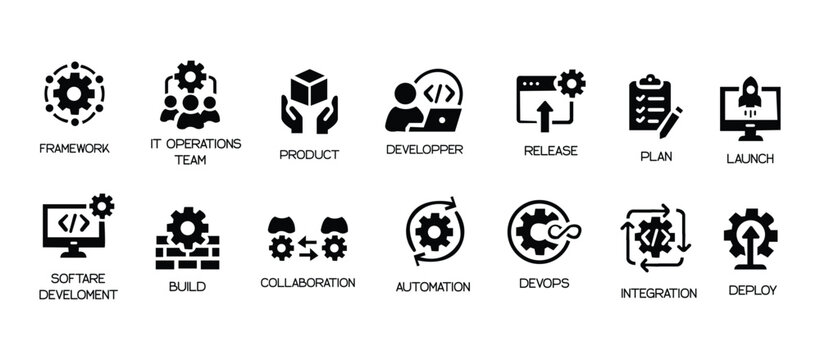 DevOps icon collection, containing software development, deployment, operate, monitor, testing, collaboration and more. Solid vector icons set.