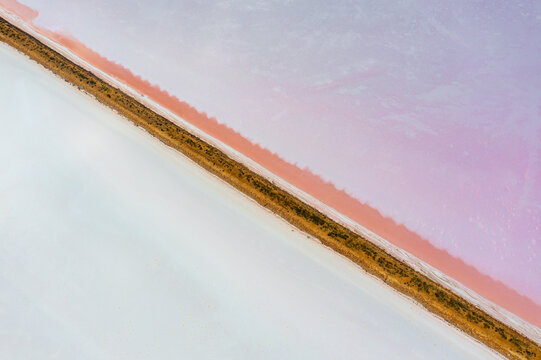 Aerial view of sections of levee banks on a salt lake
