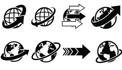 A set of black and white globe icons with arrows indicating global movement and direction