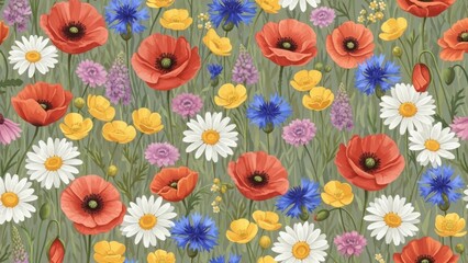 colorful field flowers isolated on a changeable background