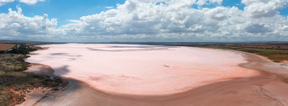 Aerial panoramic view over a large pink salt lake