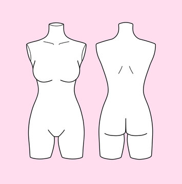 Minimalist female mannequin front and back in clean line art style. Editable vector illustration perfect for showcasing clothing designs, fashion mockups, technical flats, pattern making, product pack