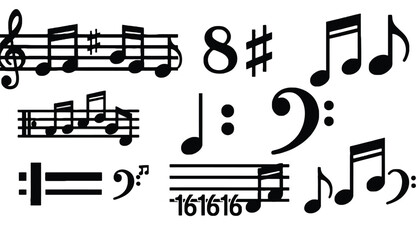 A collection of various musical notes and symbols on a white background
