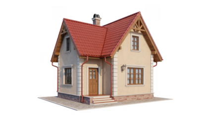 Small house with red roof and beige walls windows isolated on a transparent background