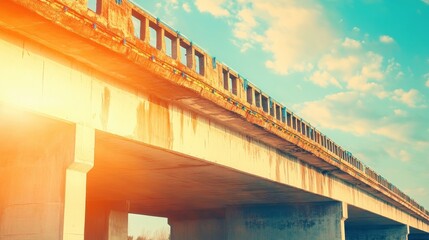 A wide angle view of a concrete bridge structure against a bright blue sky with fluffy white clouds