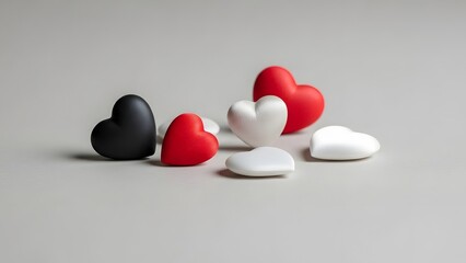 A collection of red white and black heartshaped objects scattered on a neutral gray background symbolizing love and diversity.